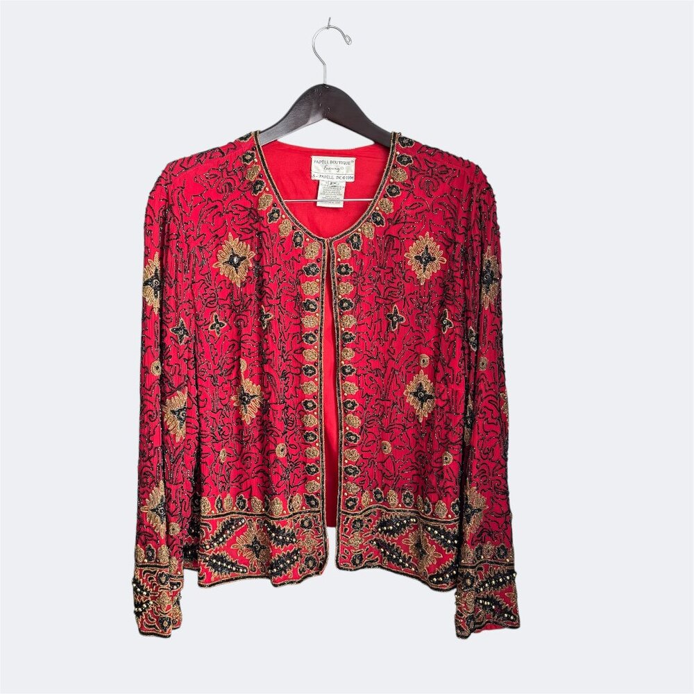 Papell Boutique Evening Sequin Cape, Women's size 2XL Red, Black and Gold.